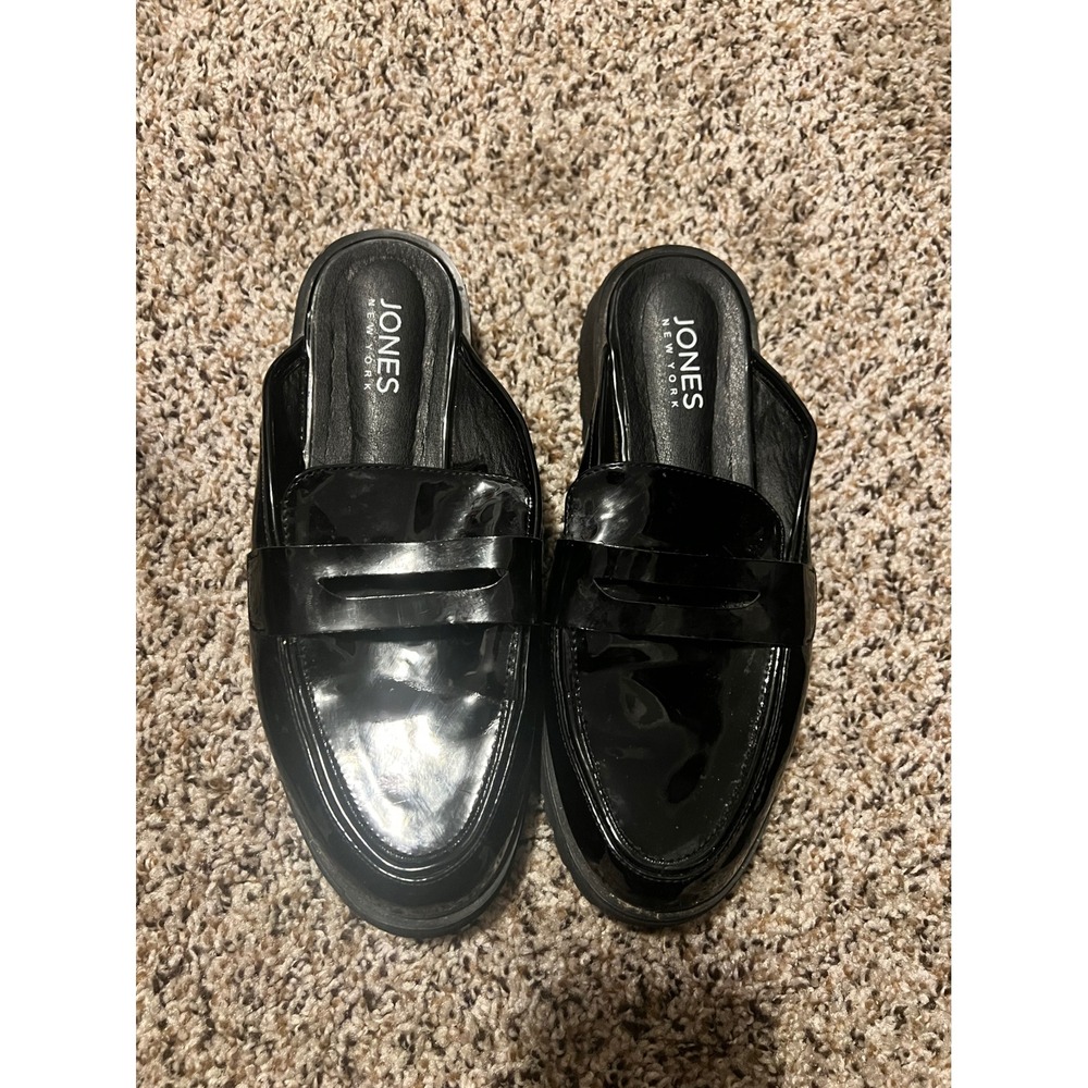 Jones New York Lug Sole Mules - Black Patent Leather Loafer Slides 8.5